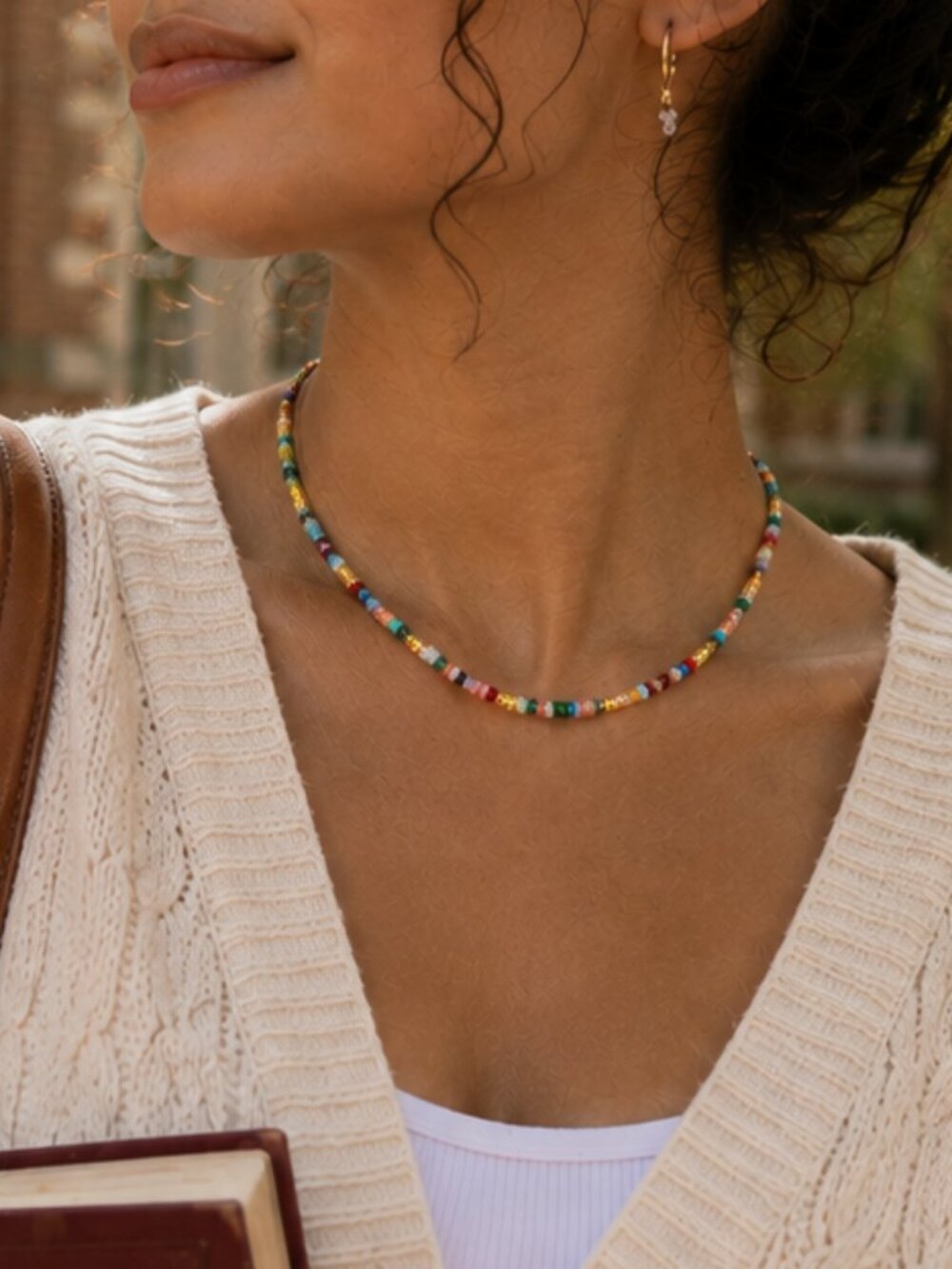 Colorful Tiny Gemstone Beaded Necklace Gold Accents